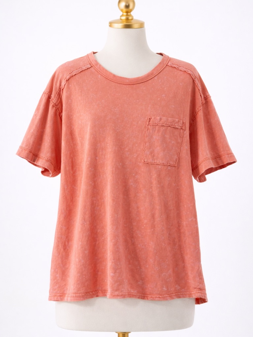 Coral Washed Tee Pocket Top | Raw Edge Seam Vintage Style Boho Relaxed Fit